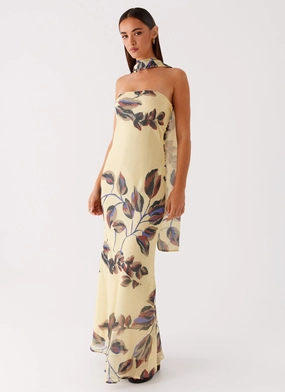 Under The Pagoda Maxi Dress - Buttercream Leaf Print Crisp Silhouette