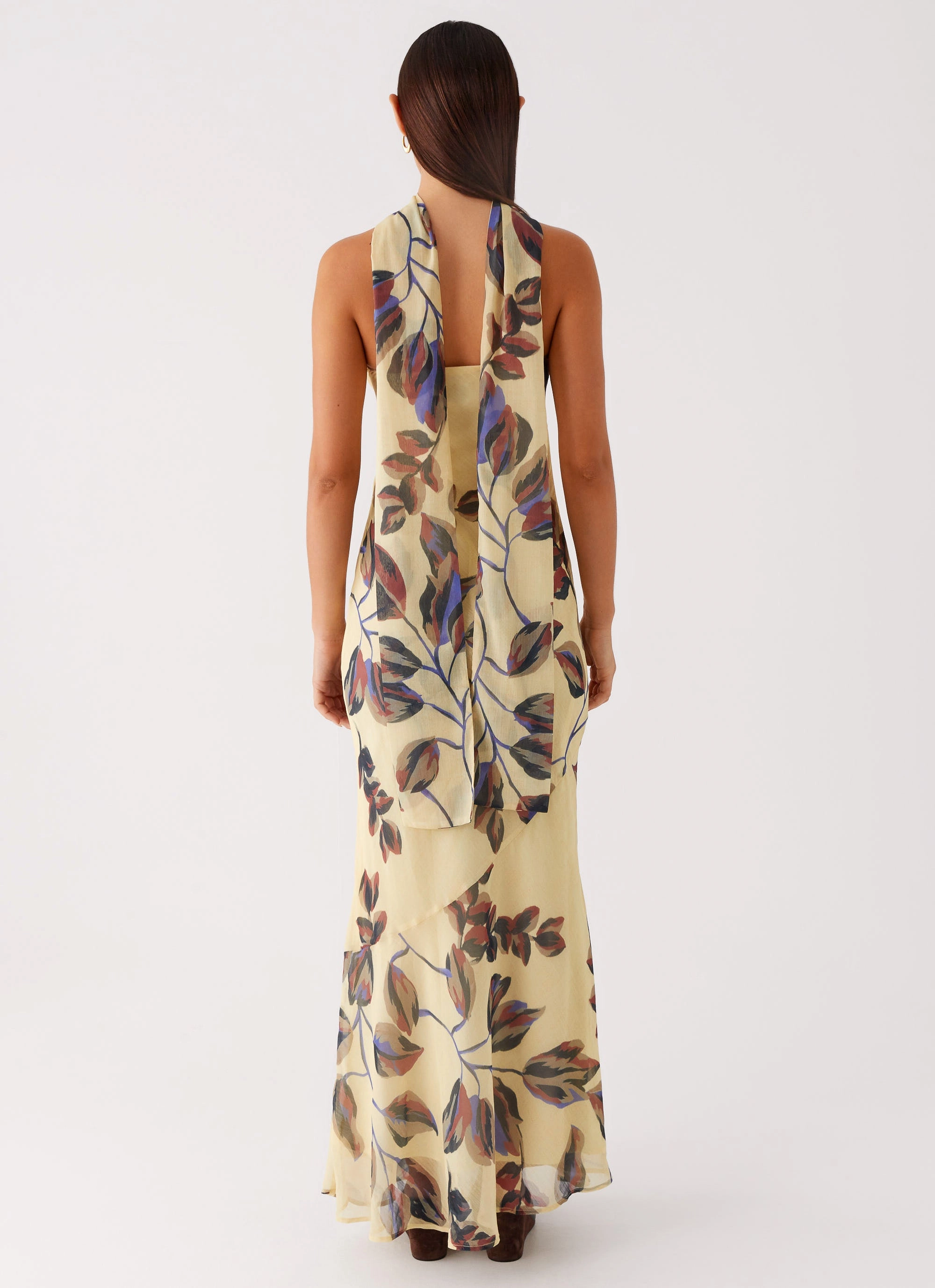 Photo Light Under The Pagoda Maxi Dress - Buttercream Leaf Print