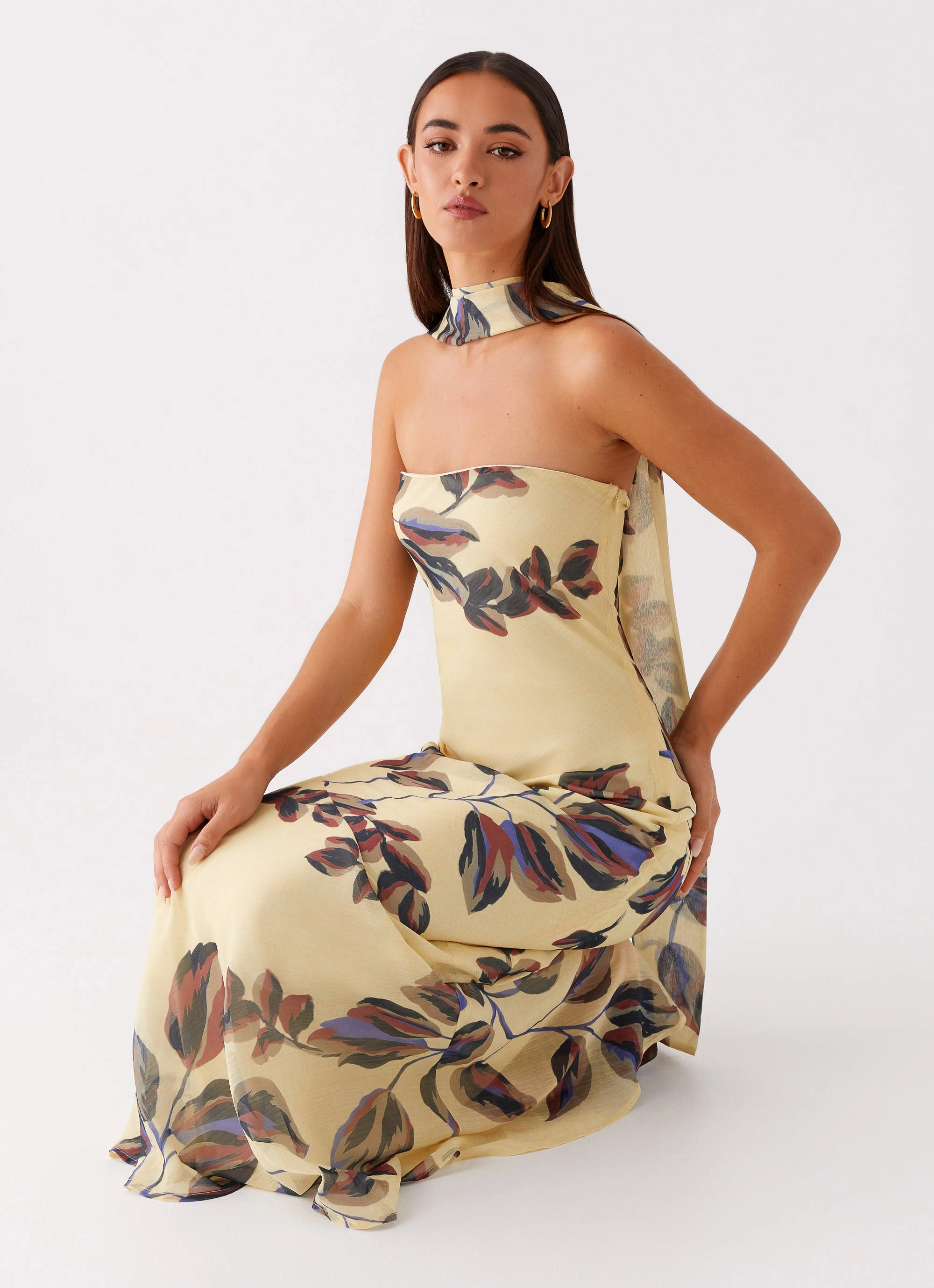 Vintage Style Under The Pagoda Maxi Dress - Buttercream Leaf Print