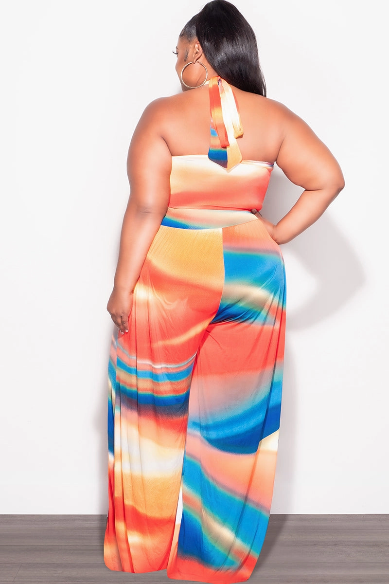 Mid Rise Final Sale Plus Size 2pc Set Self Tie Top & Pants in Red, Royal, Blue and Orange Multi Color Print Summer
