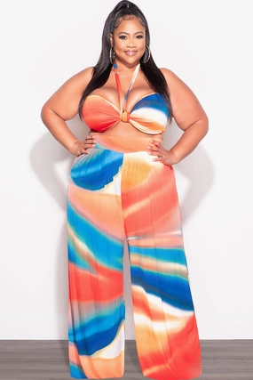 Final Sale Plus Size 2pc Set Self Tie Top & Pants in Red, Royal, Blue and Orange Multi Color Print Summer Dressy look