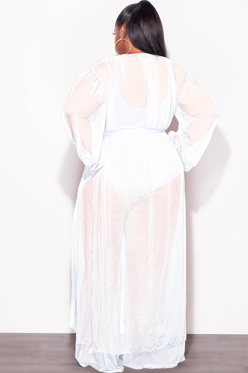 No Ride Final Sale Plus Size 2pc Sheer Duster and Pants Set in White