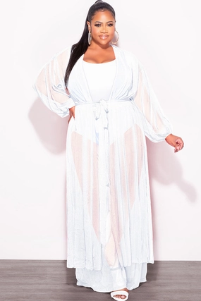 Layered Comfort Final Sale Plus Size 2pc Sheer Duster and Pants Set in White