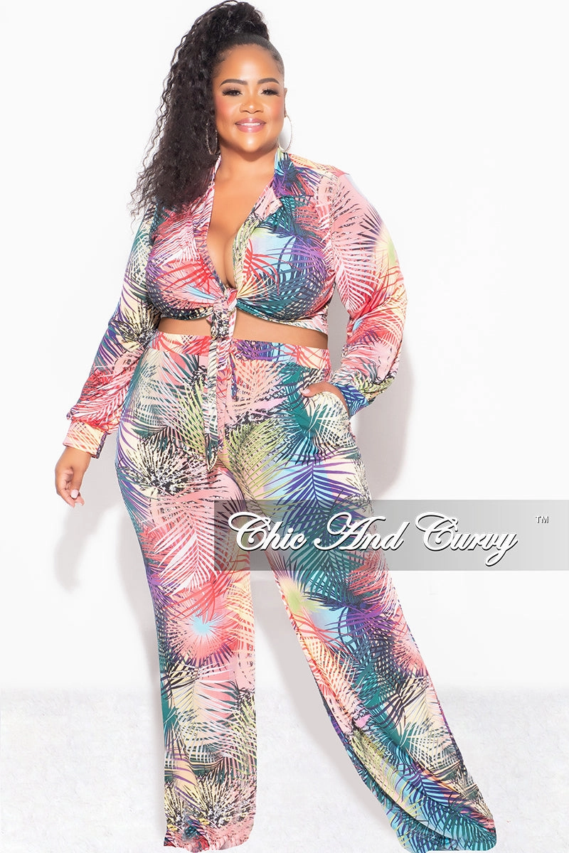 RuggedDurability Utility Style Final Sale Plus Size 2pc Set Tie Crop Top and Palazzo Pant Set in Multi-Color Palm Print
