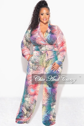 WaterRepellentCoating Final Sale Plus Size 2pc Set Tie Crop Top and Palazzo Pant Set in Multi-Color Palm Print
