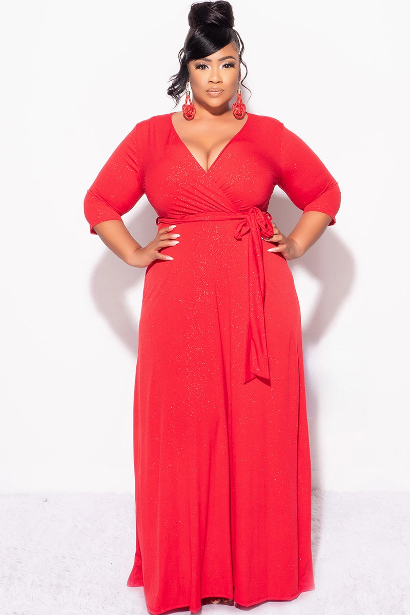 Relaxed Hoodie DoubleStitched Hem Final Sale Plus Size Faux Wrap Glitter Dress in Red