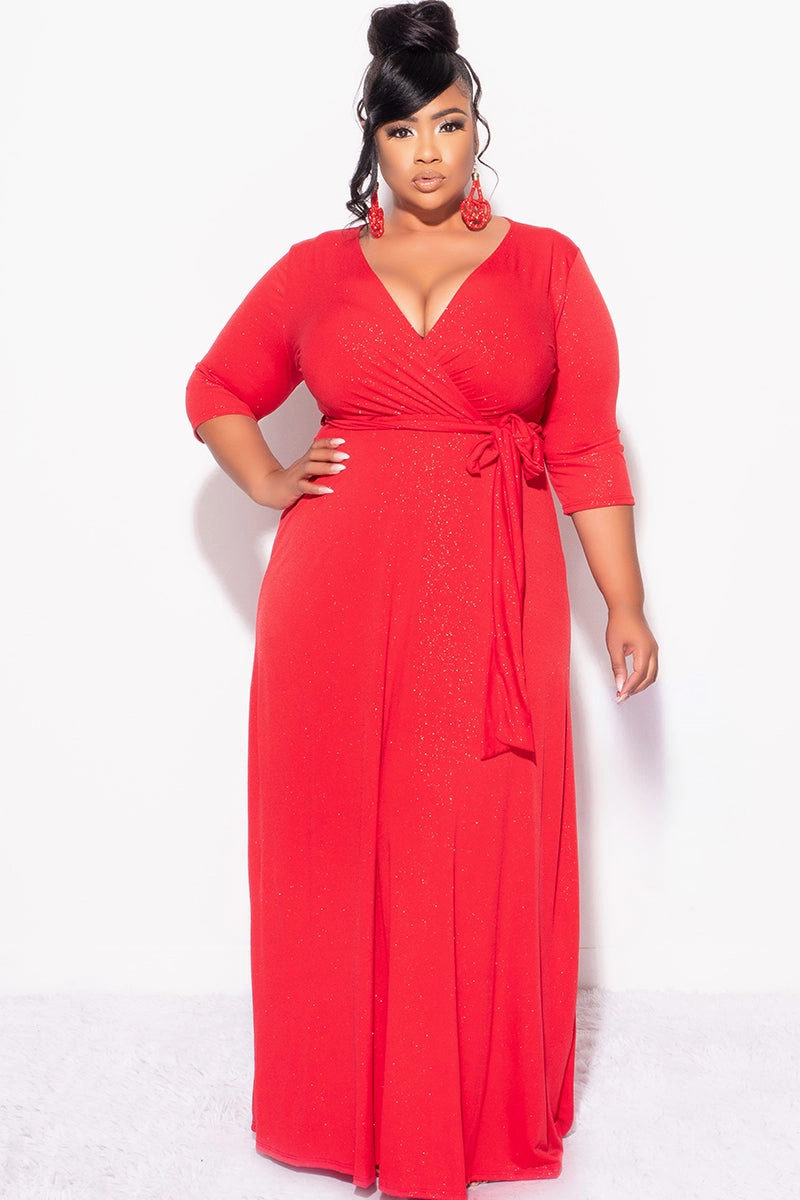 Reinforced Seams Final Sale Plus Size Faux Wrap Glitter Dress in Red