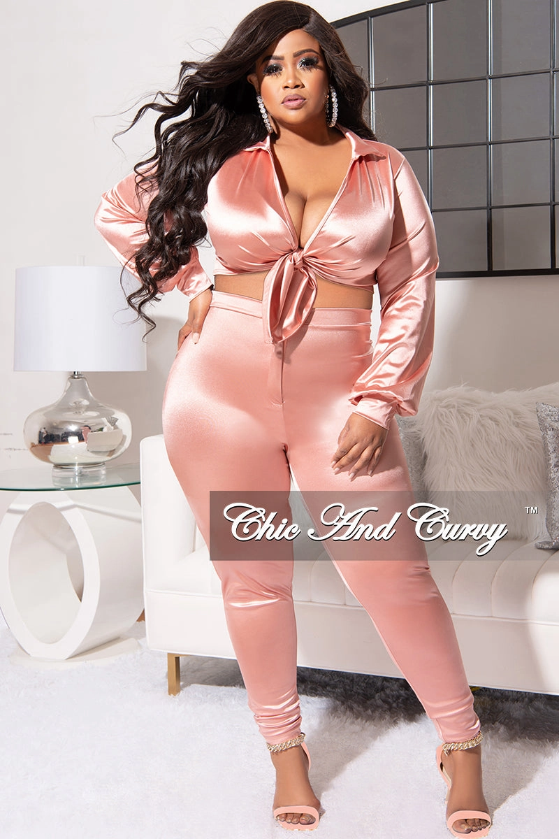 Final Sale Plus Size 2pc Shiny Satin Collared Crop Tie Top and Pants Set in Mauve Long Wear