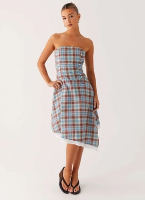Tonie Strapless Midi Dress - Shoreline Check Applique-Detail