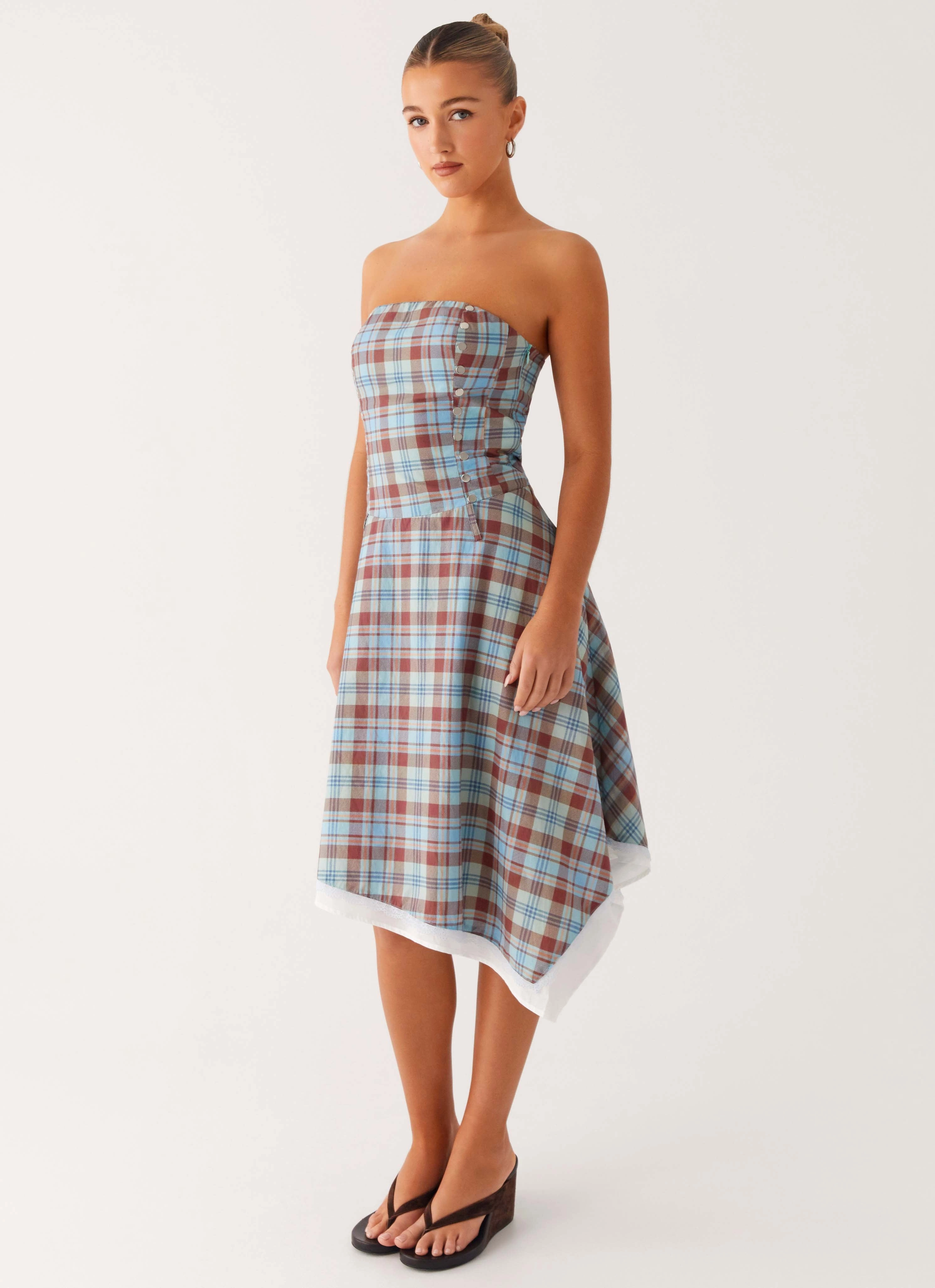 Tonie Strapless Midi Dress - Shoreline Check Essential Style Formal Outfit
