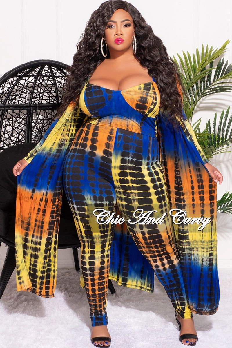 Relaxed Wearable Final Sale Plus Size 3pc Set (Cardigan Crop Top and Legging) in Royal Blue Orange Yellow and Black Tie Dye Print