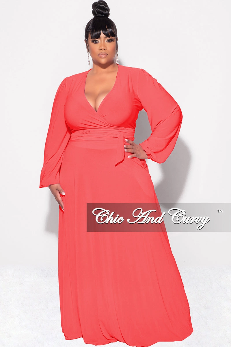 Final Sale Plus Size 2pc Long Sleeve Crop Tie Top and Skirt Set in Orange Layer Ready Stretch Waist