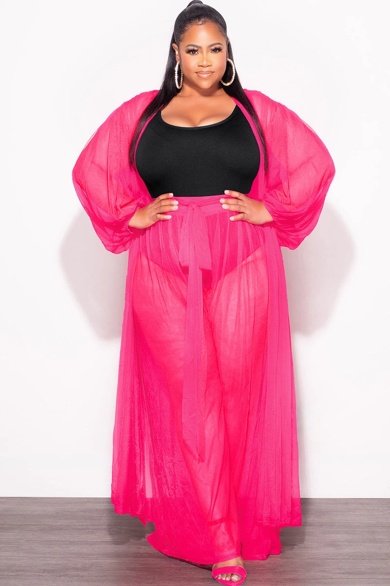 Final Sale Plus Size 2pc Sheer Duster and Pants Set in Fuchsia DurableBartack