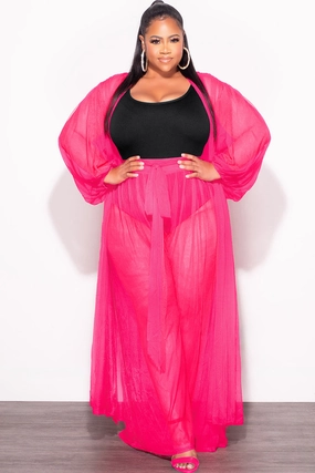 Final Sale Plus Size 2pc Sheer Duster and Pants Set in Fuchsia DurableBartack