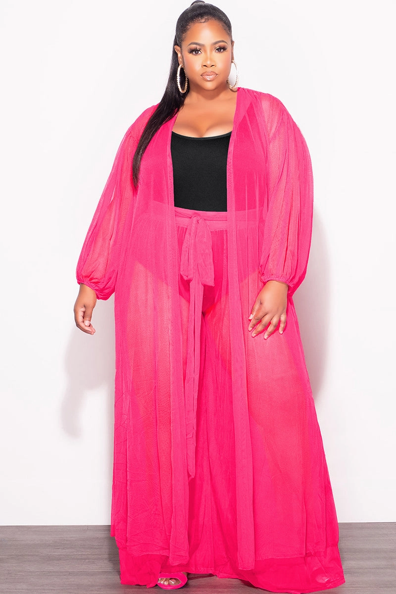 Chill Style Durable Material Final Sale Plus Size 2pc Sheer Duster and Pants Set in Fuchsia