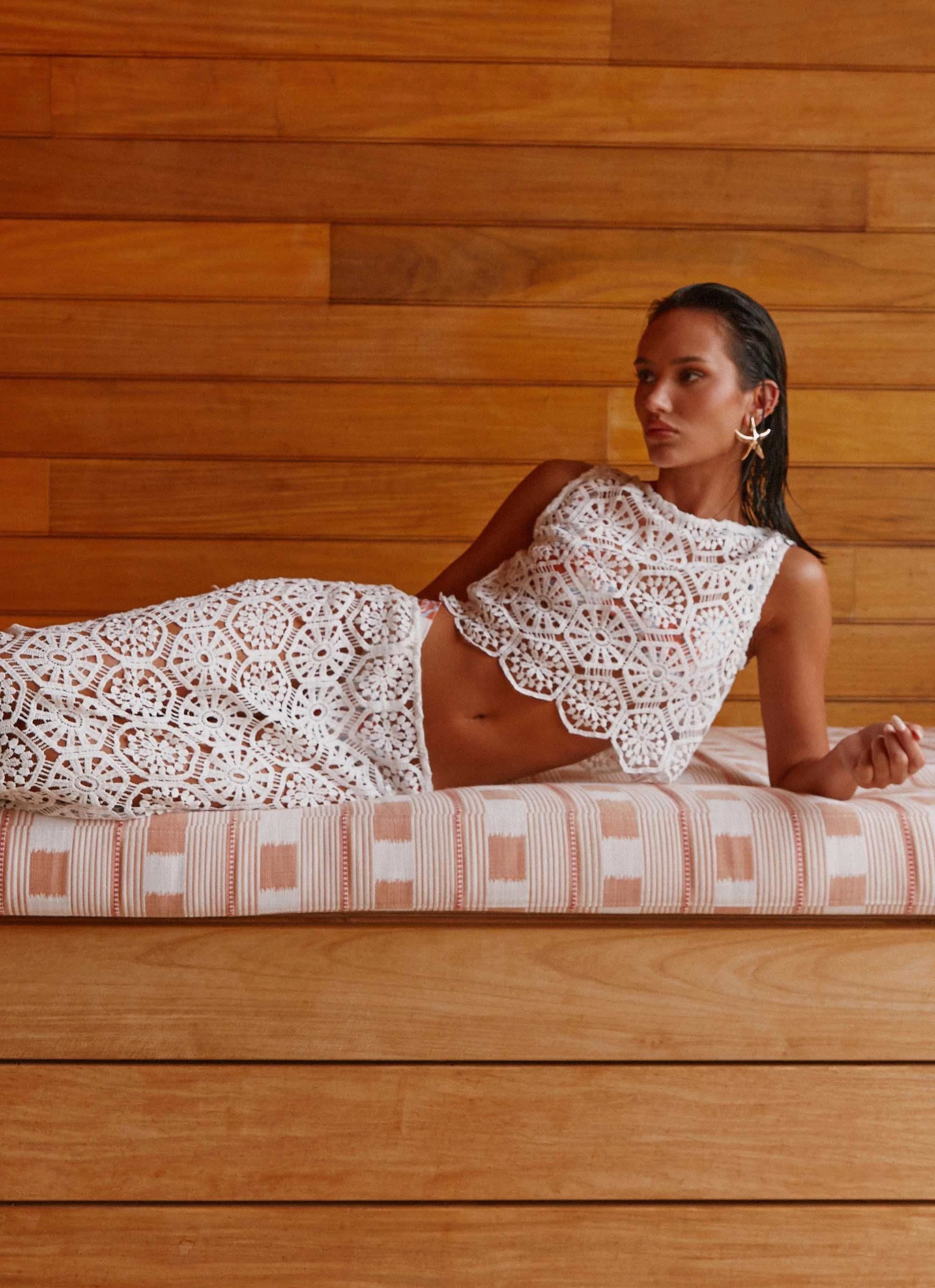 Relaxed Look Yarn Dyed Stripes Mika Crochet Top - White