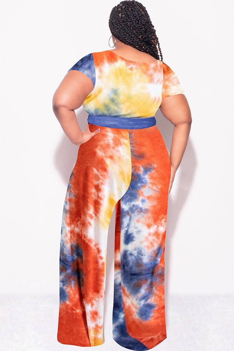 Light wash Final Sale Plus Size 2pc Short Sleeve Tie Top and Pants Set in Rust Navy and Mustard Tie Dye Print