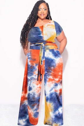 Final Sale Plus Size 2pc Short Sleeve Tie Top and Pants Set in Rust Navy and Mustard Tie Dye Print Premium Stretch