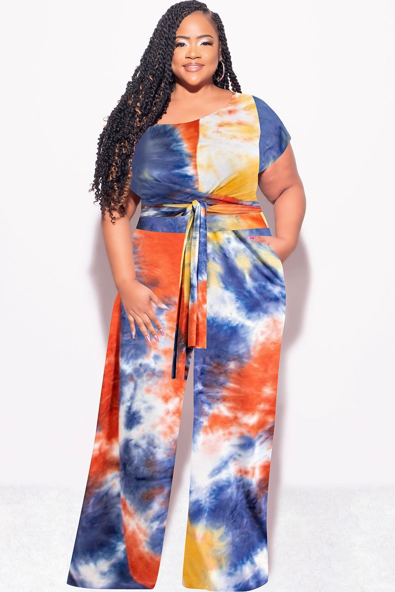Final Sale Plus Size 2pc Short Sleeve Tie Top and Pants Set in Rust Navy and Mustard Tie Dye Print Soft and Stretchy