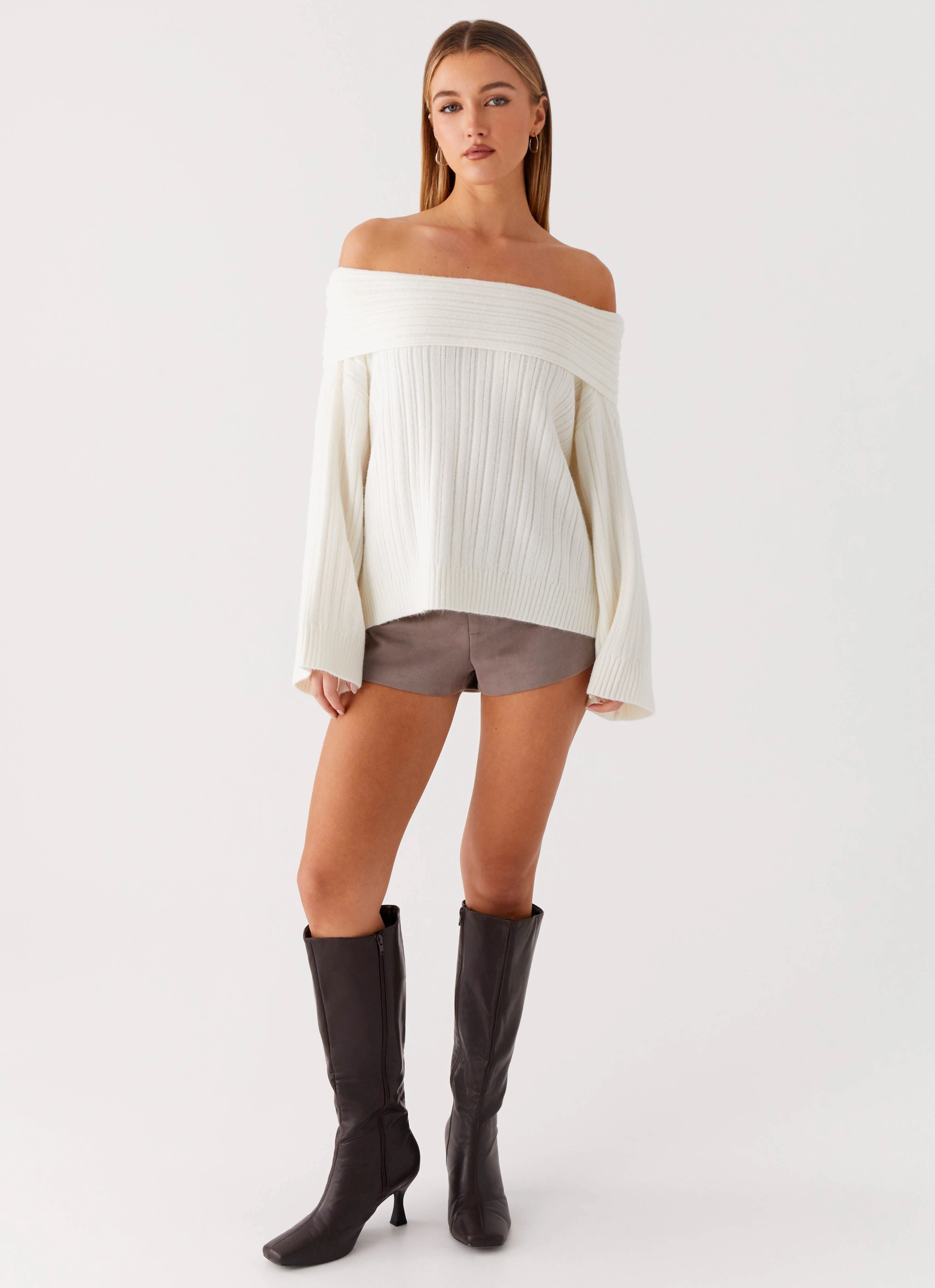 Federica Off Shoulder Knit - White Basic Long Sleeve