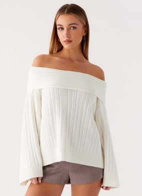 Federica Off Shoulder Knit - White YarnDyedFabric