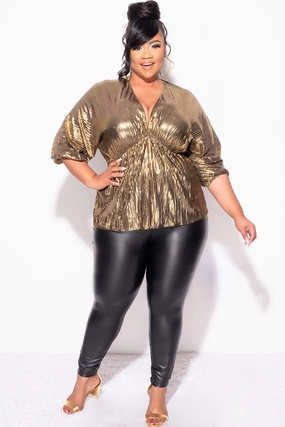 Final Sale Plus Size Pleated Peplum Top in Metallic Gold RibbedCollar Shrinkage Prevention Treatment