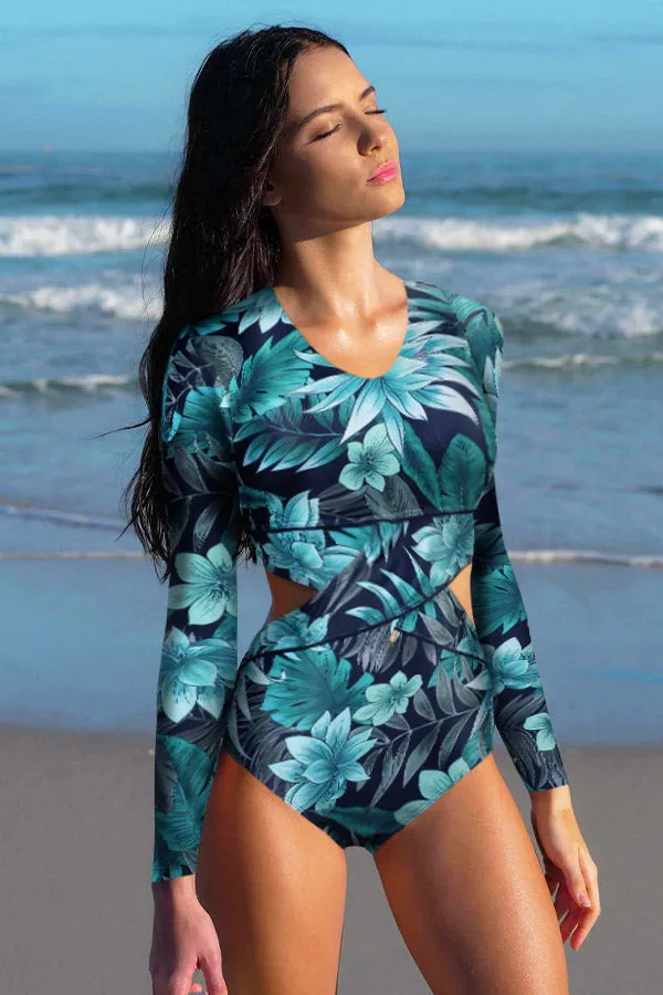 Allover Floral Cut Out Long Sleeve Zip UPF50  Rash Guard