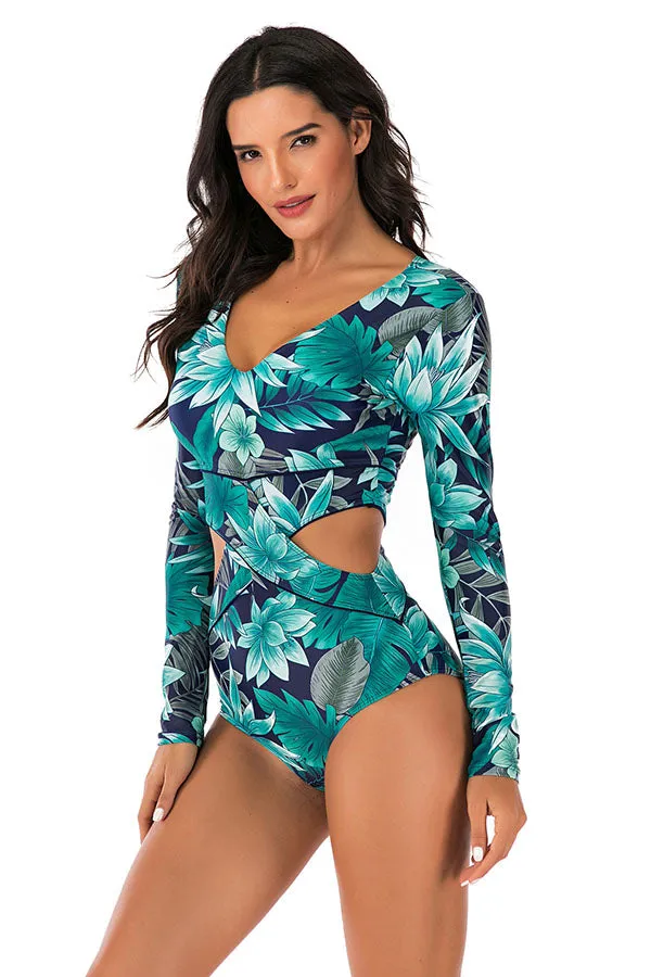 Allover Floral Cut Out Long Sleeve Zip UPF50  Rash Guard