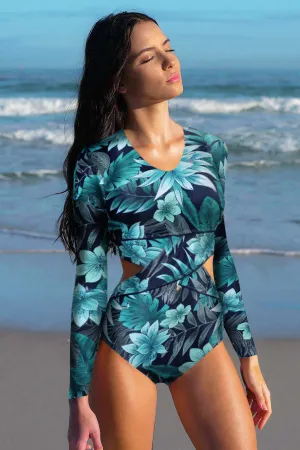 Allover Floral Cut Out Long Sleeve Zip UPF50  Rash Guard
