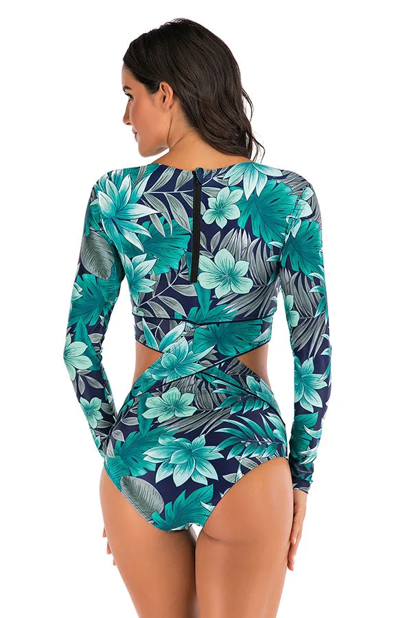 Allover Floral Cut Out Long Sleeve Zip UPF50  Rash Guard