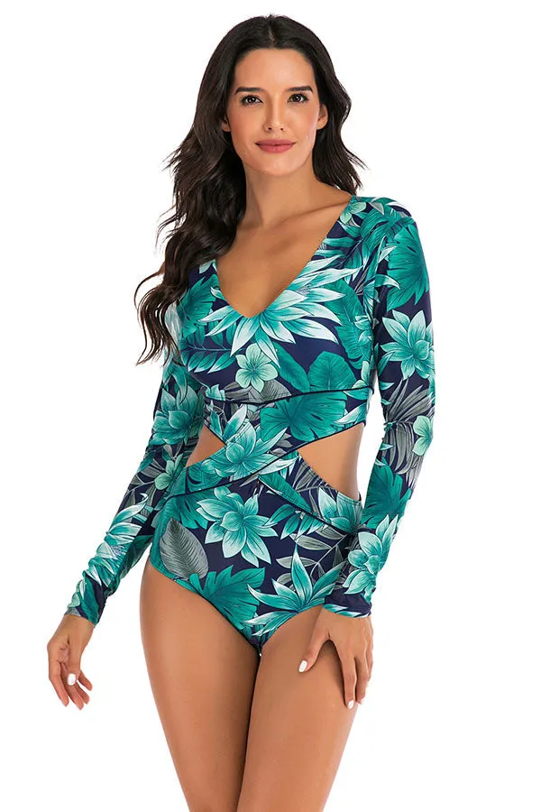 Allover Floral Cut Out Long Sleeve Zip UPF50  Rash Guard