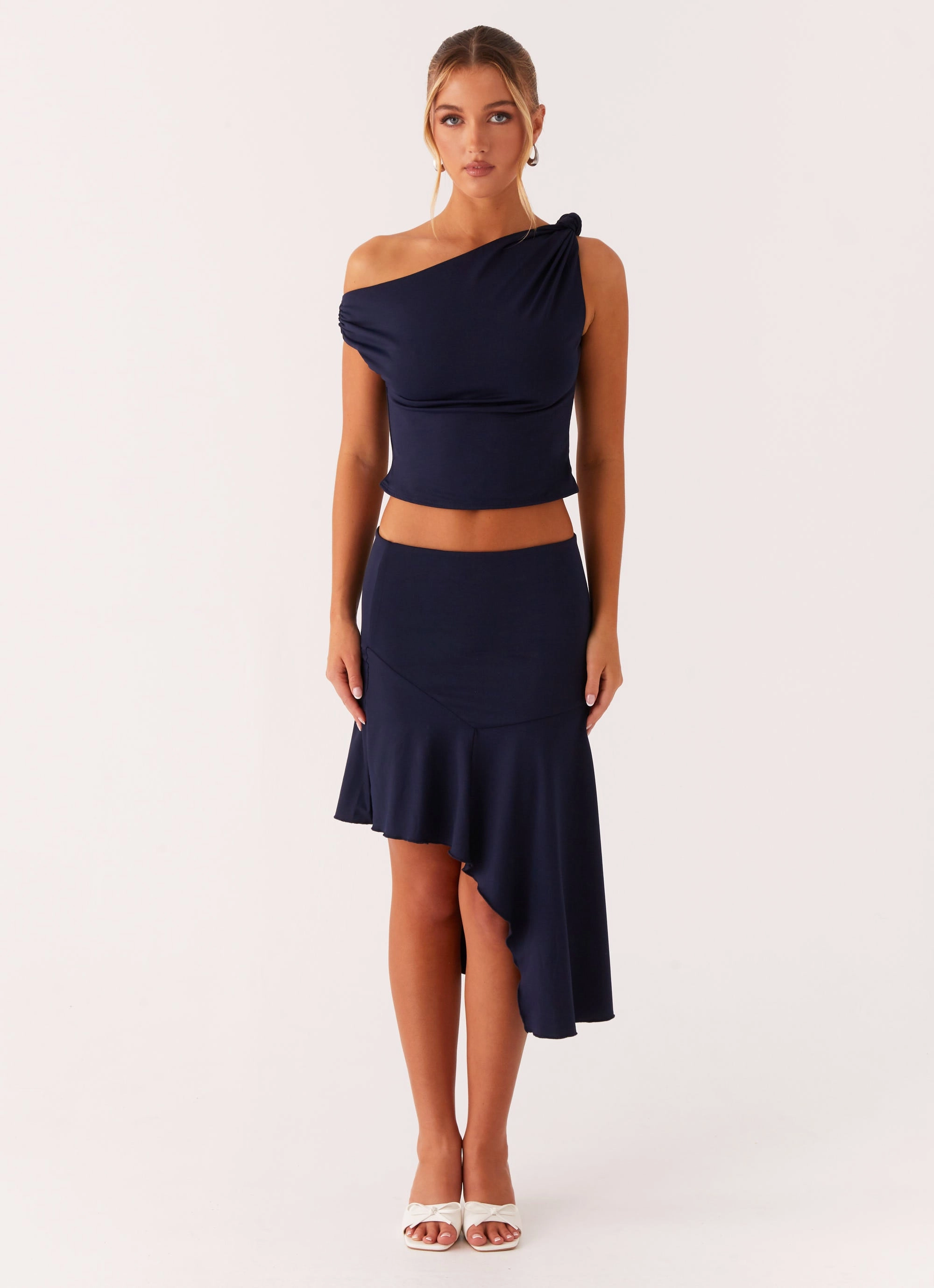 RelaxedNeckline Vintage Hoodie Viola Twist Shoulder Top - Navy