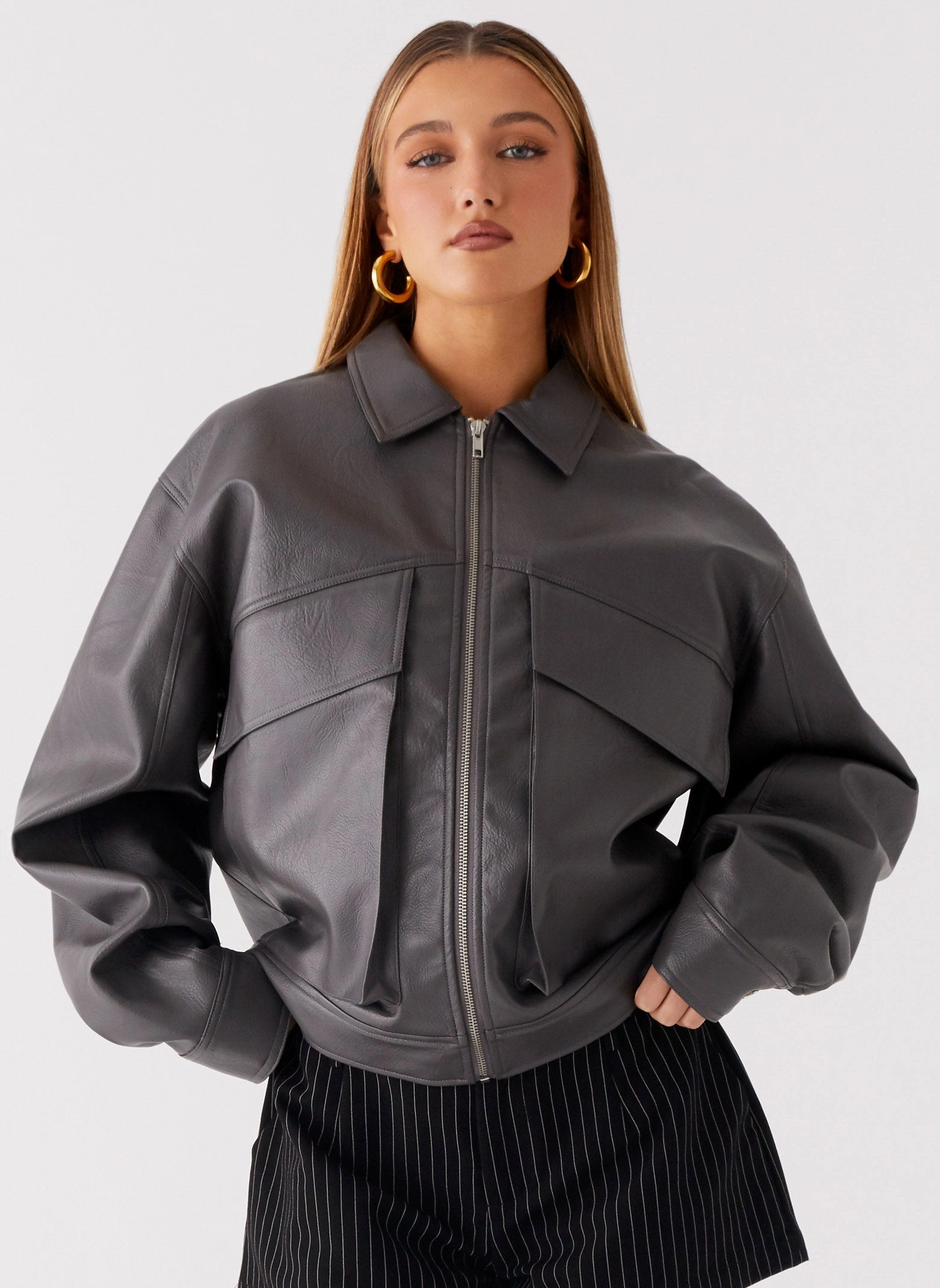 UV Protection Finish Lula Faux Leather Bomber Jacket - Charcoal
