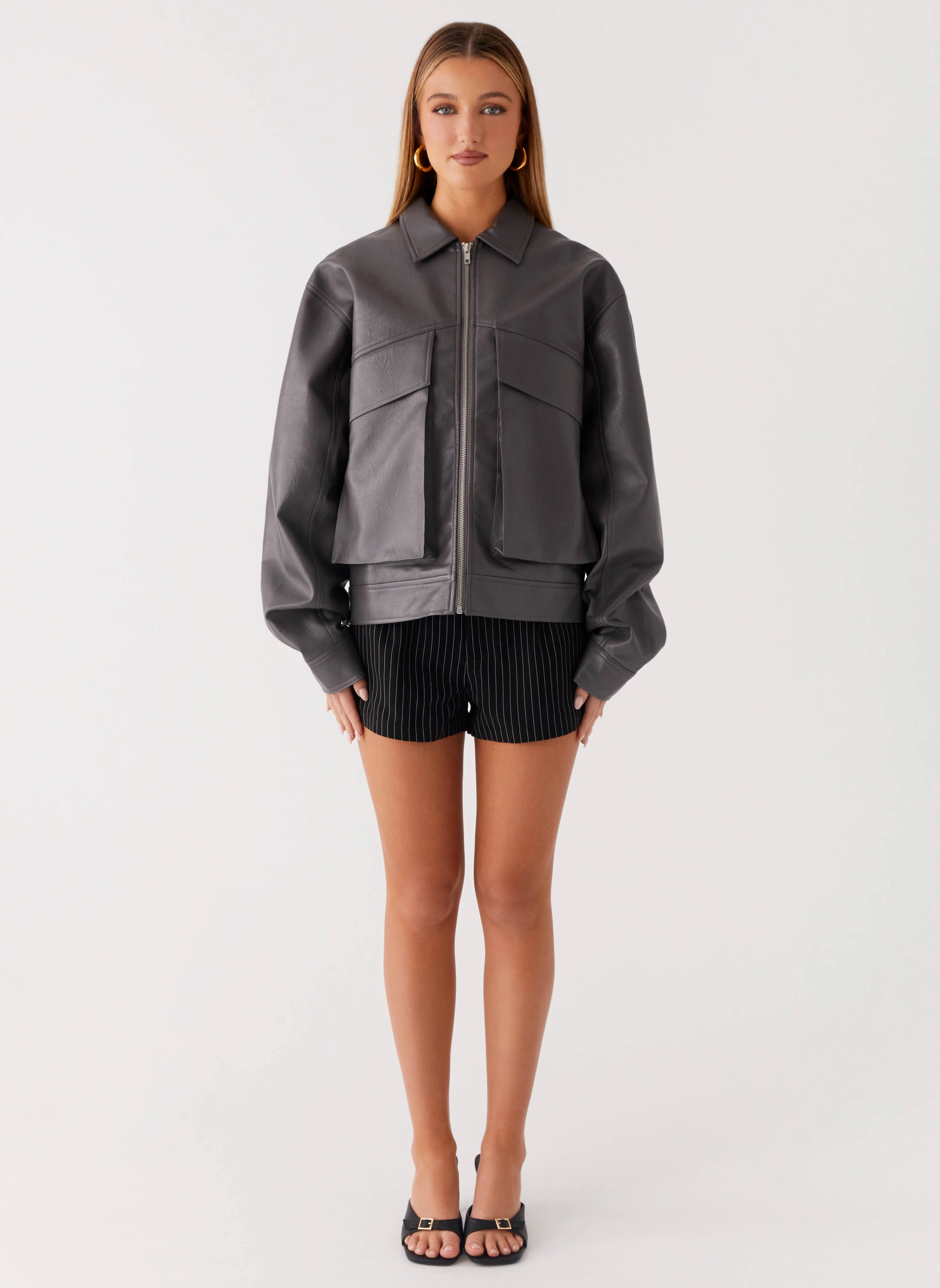 Flexible Elbow Patches Seasonal Trend Lula Faux Leather Bomber Jacket - Charcoal
