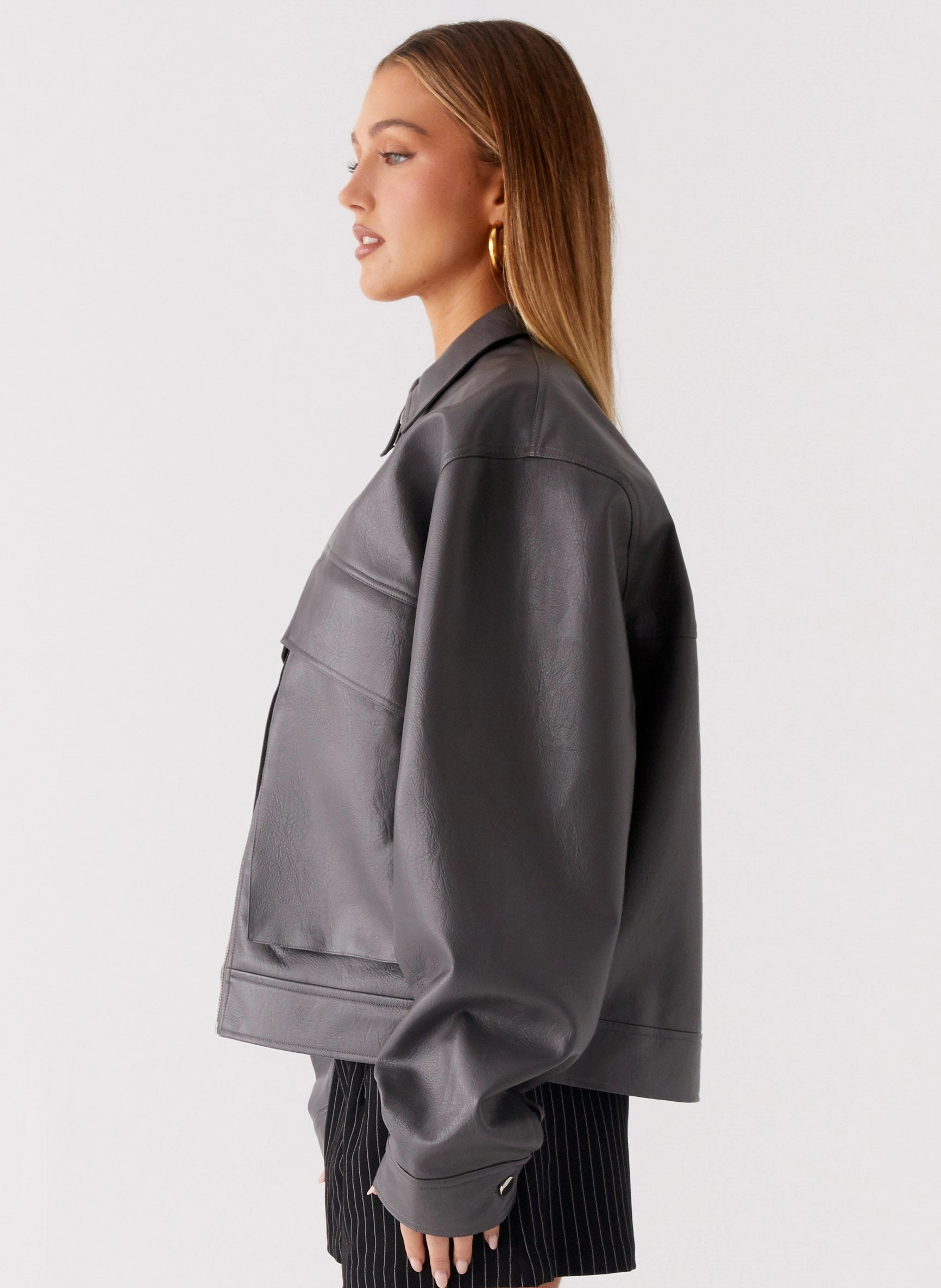 Lula Faux Leather Bomber Jacket - Charcoal understated look ModularLayering