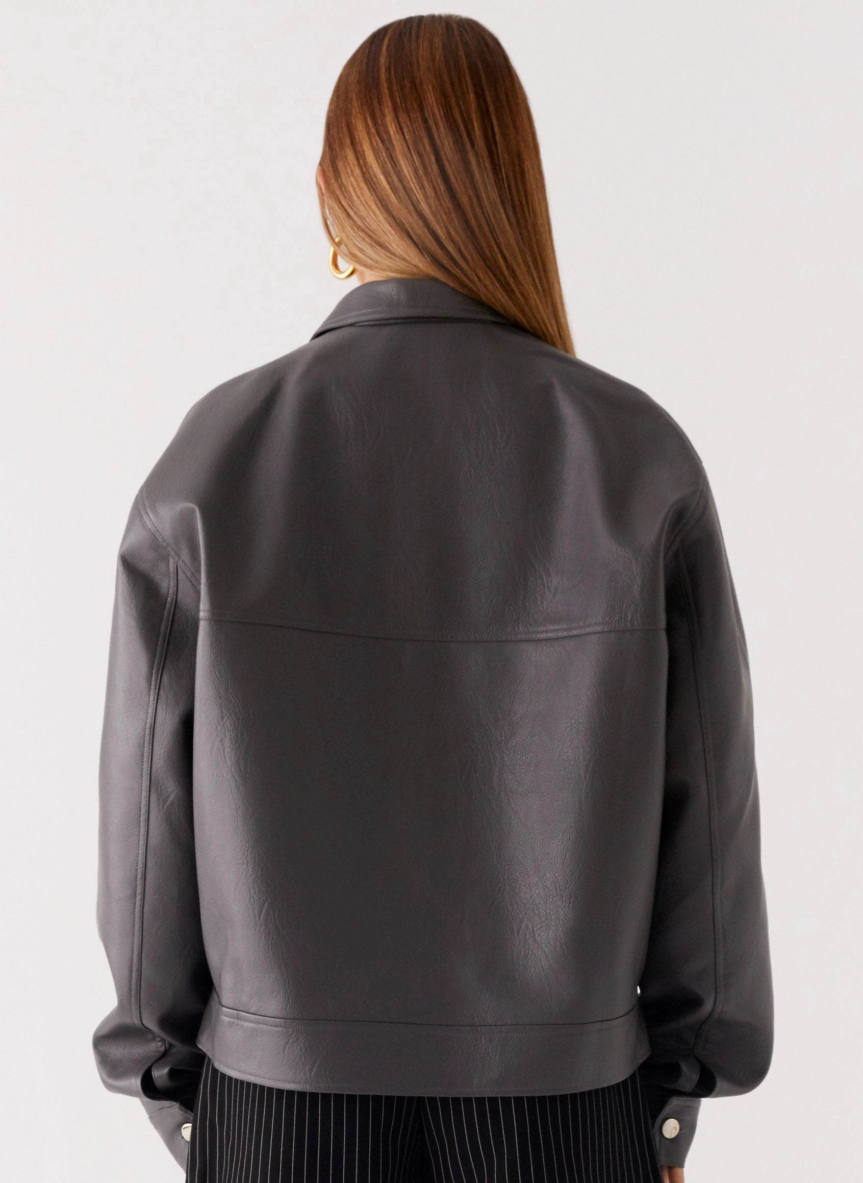Lula Faux Leather Bomber Jacket - Charcoal Magnetic Fasteners Eco Friendly Construction