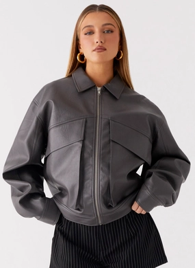 UV Protection Finish Lula Faux Leather Bomber Jacket - Charcoal