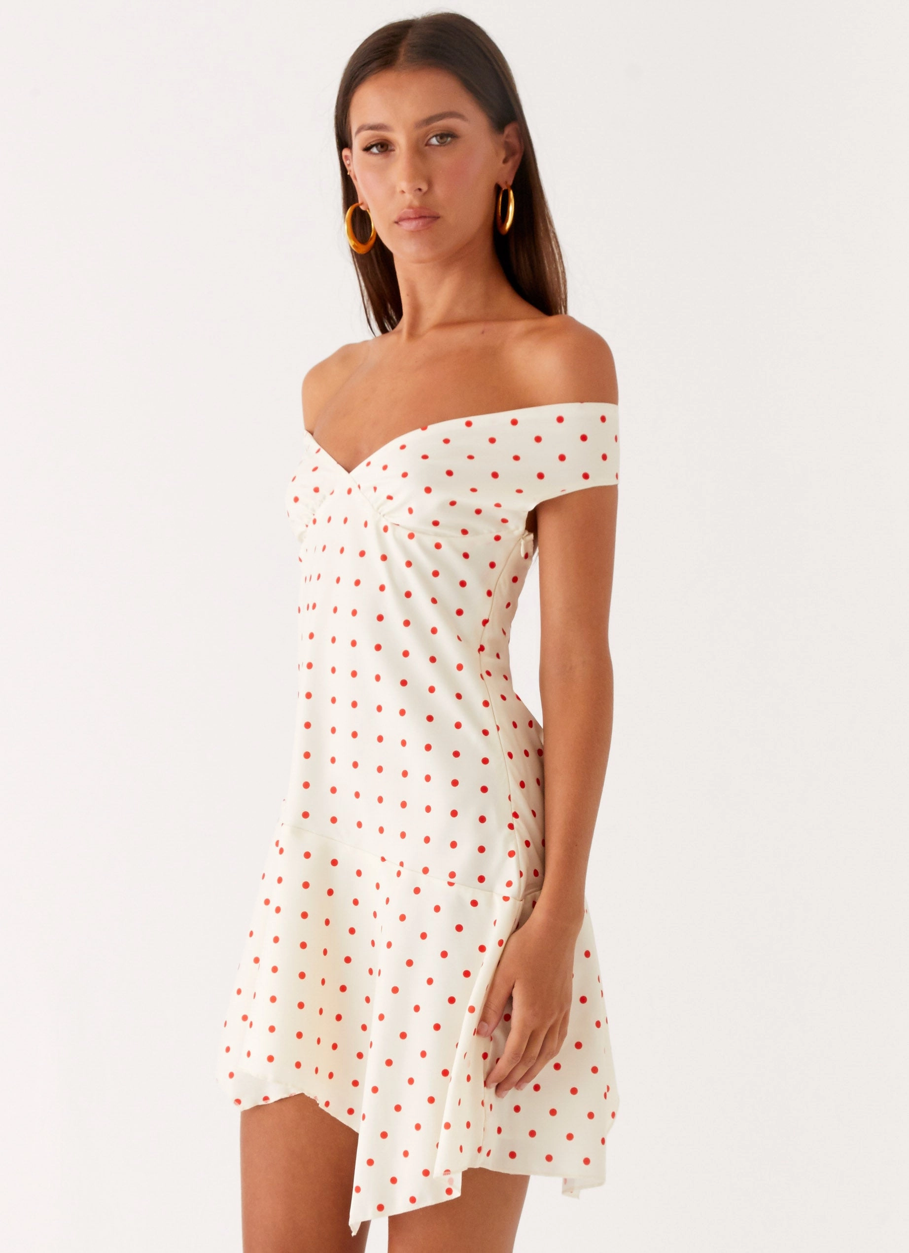 Neutral Aesthetic Timeless Wearable Alma Mini Dress - White Red Polka Dot