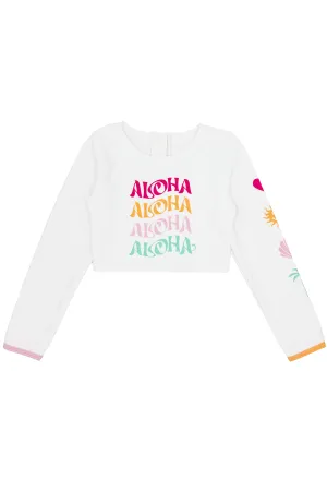 Aloha Crop Long Sleeve Rash Guard Top in White