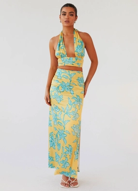 Comfort Waist Amalia Satin Maxi Skirt - Golden Bloom