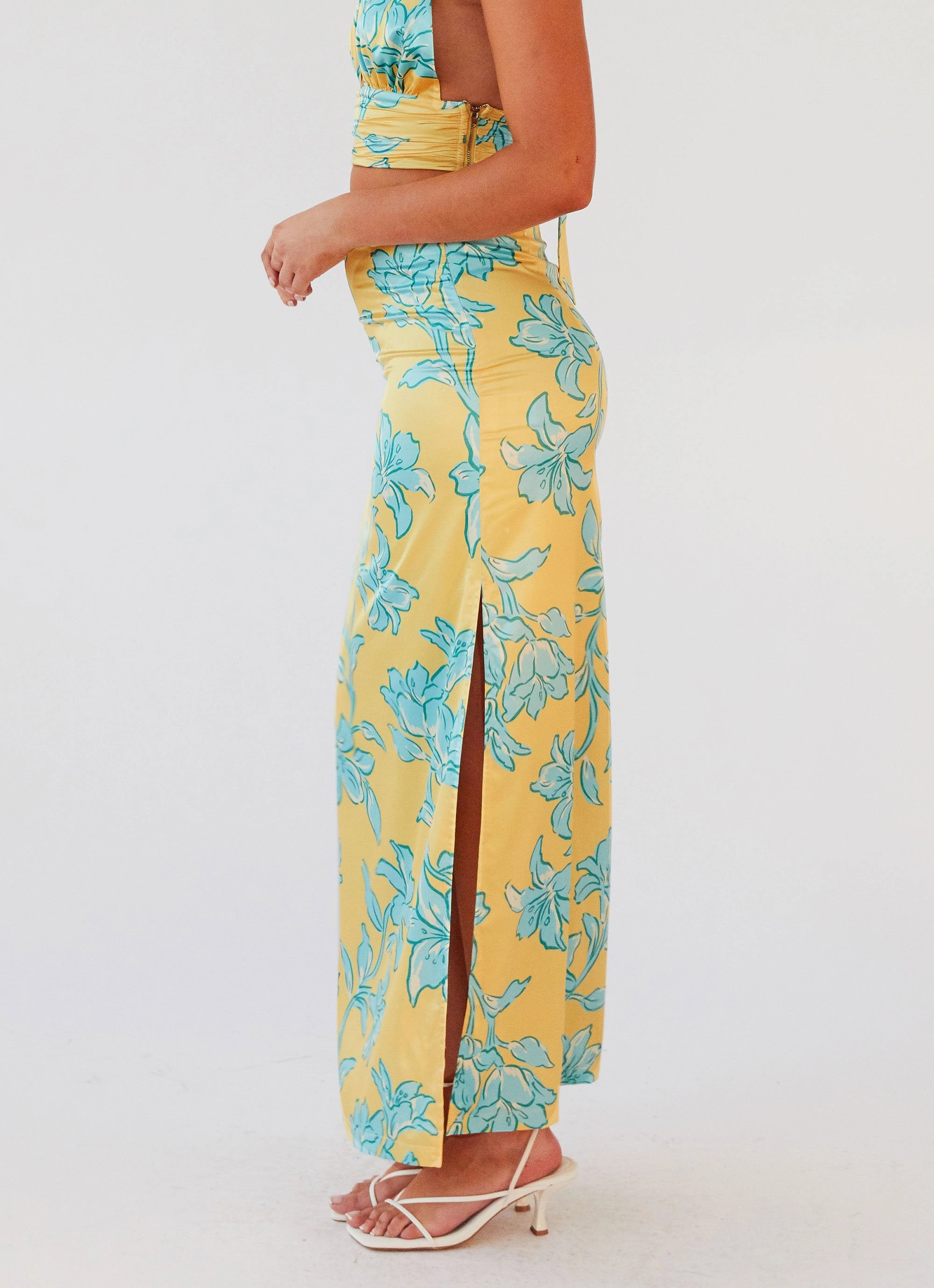 Amalia Satin Maxi Skirt - Golden Bloom Tagless Design