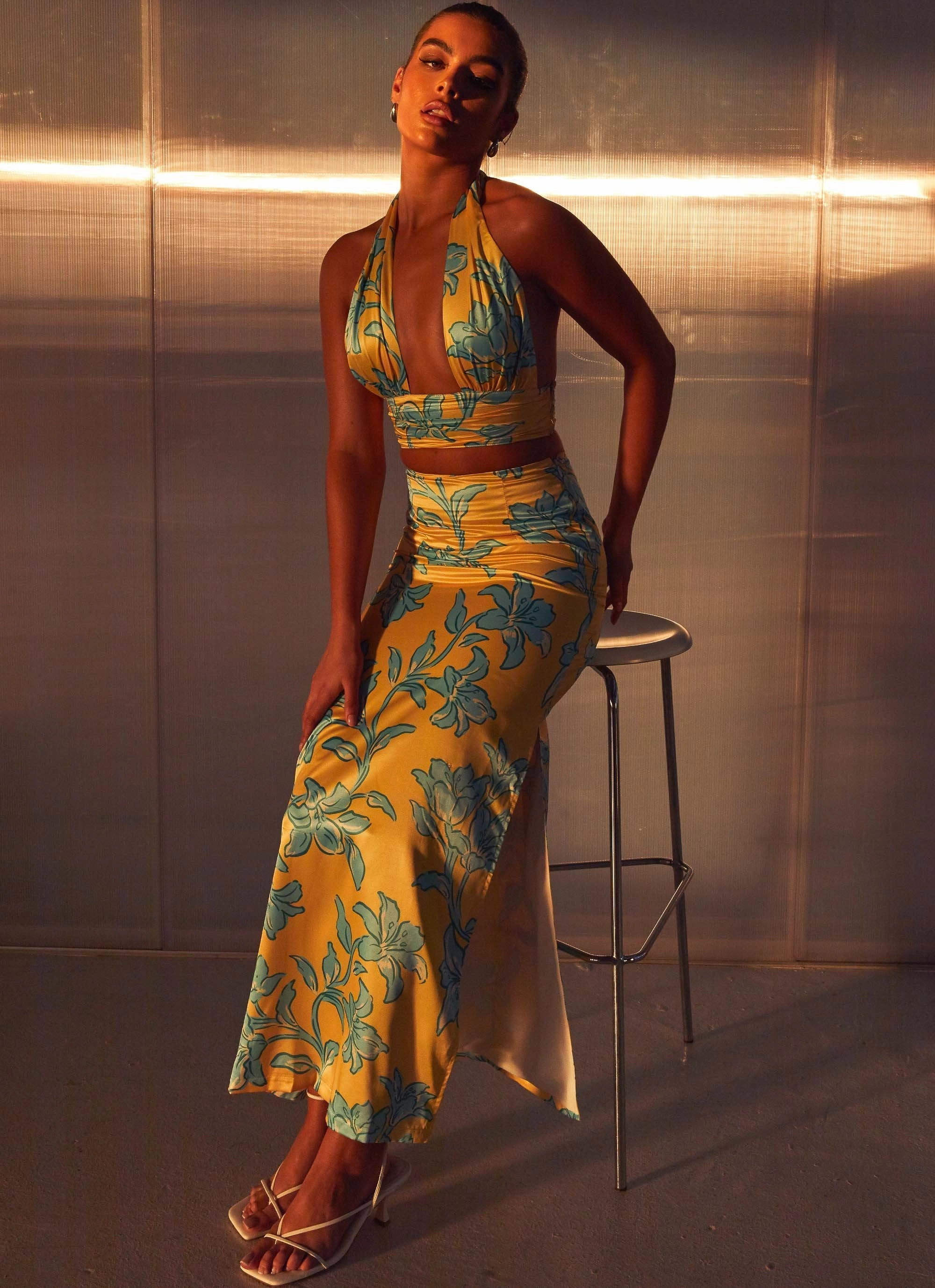 Amalia Satin Maxi Skirt - Golden Bloom Casual Style wrinkle free