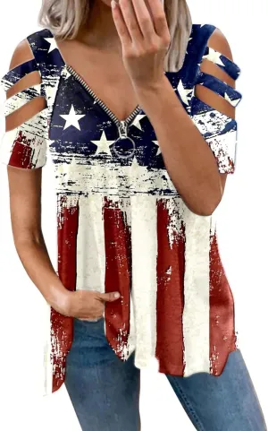 American Flag Shirt Women Patriotic 4th of July V Neck Cold Shoulder T Shirts USA Graphic Tee Tshirts