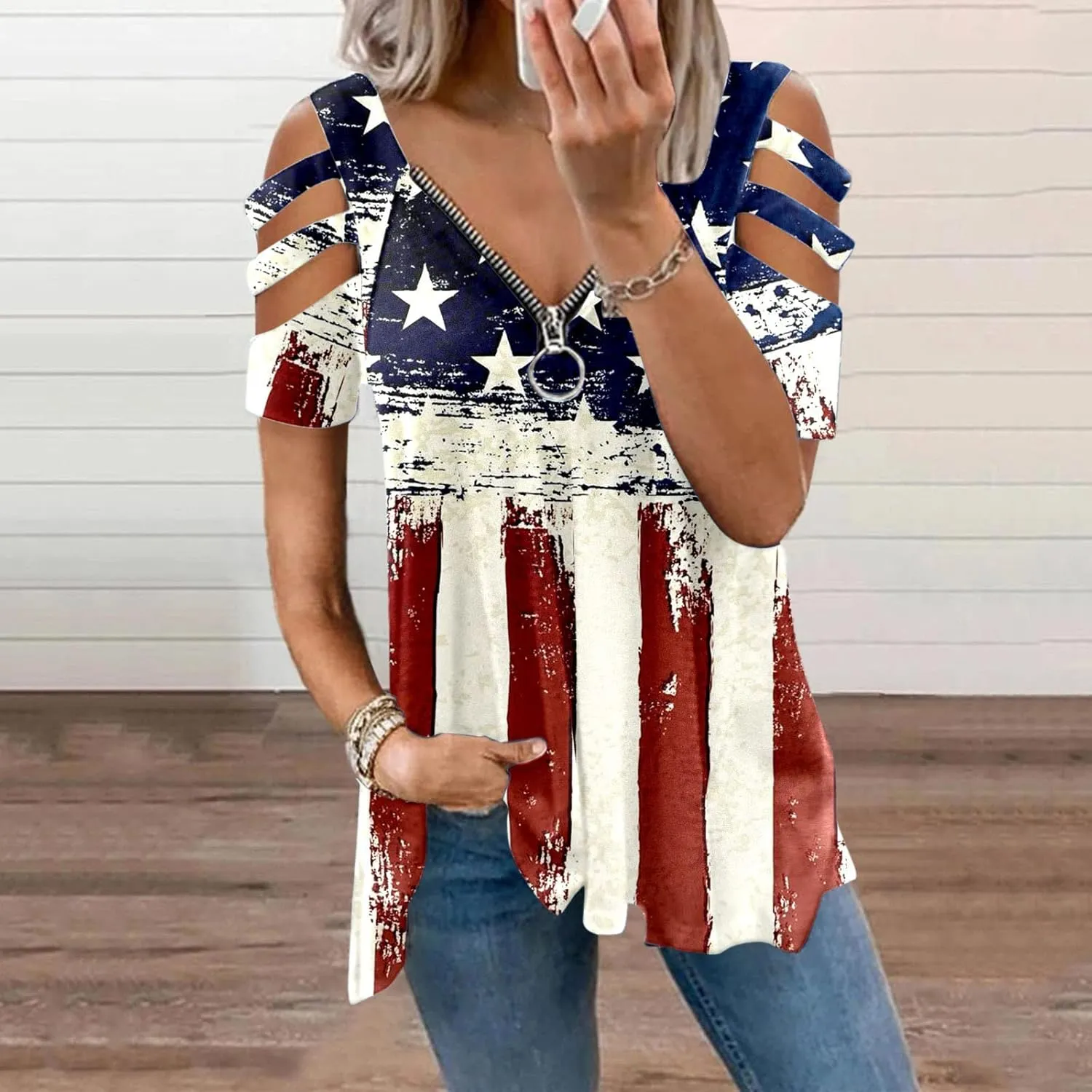 American Flag Shirt Women Patriotic 4th of July V Neck Cold Shoulder T Shirts USA Graphic Tee Tshirts