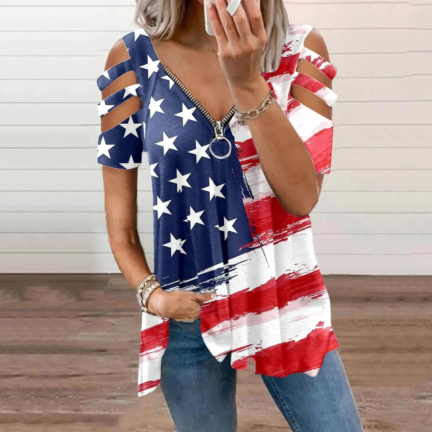 American Flag Shirt Women Patriotic 4th of July V Neck Cold Shoulder T Shirts USA Graphic Tee Tshirts