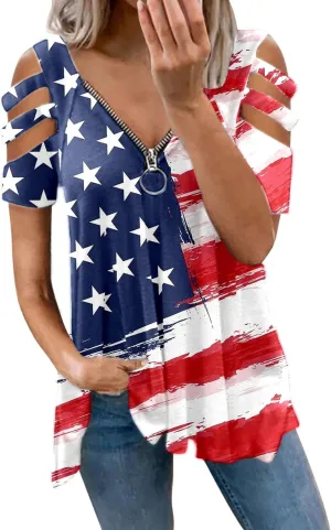 American Flag Shirt Women Patriotic 4th of July V Neck Cold Shoulder T Shirts USA Graphic Tee Tshirts