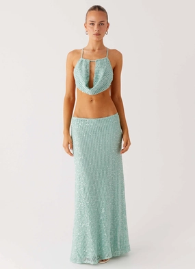 Anti Odor Treatment ErgonomicStitching Amoura Sequin Low Rise Maxi Skirt - Mint Sage