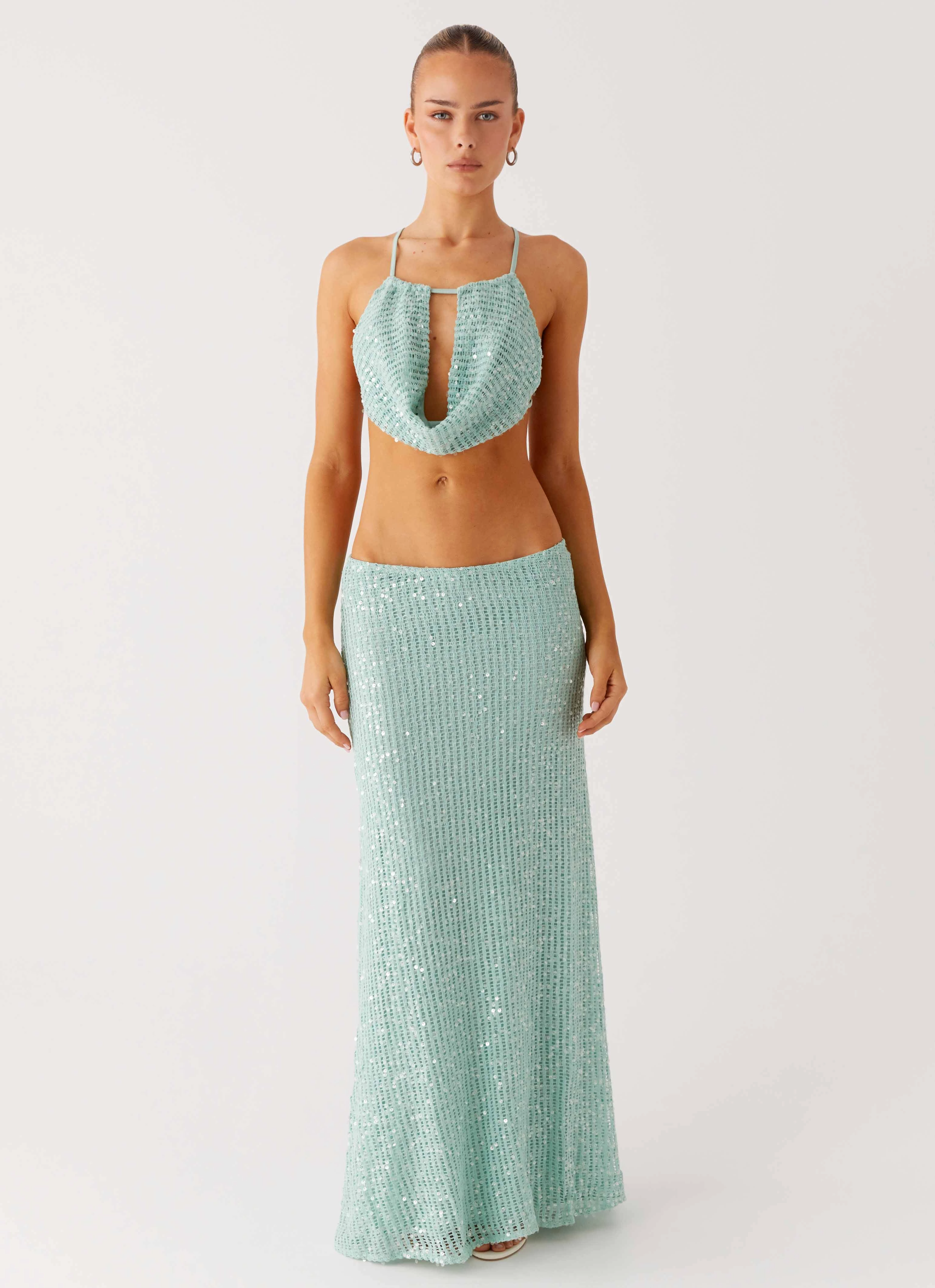 Anti Odor Treatment ErgonomicStitching Amoura Sequin Low Rise Maxi Skirt - Mint Sage