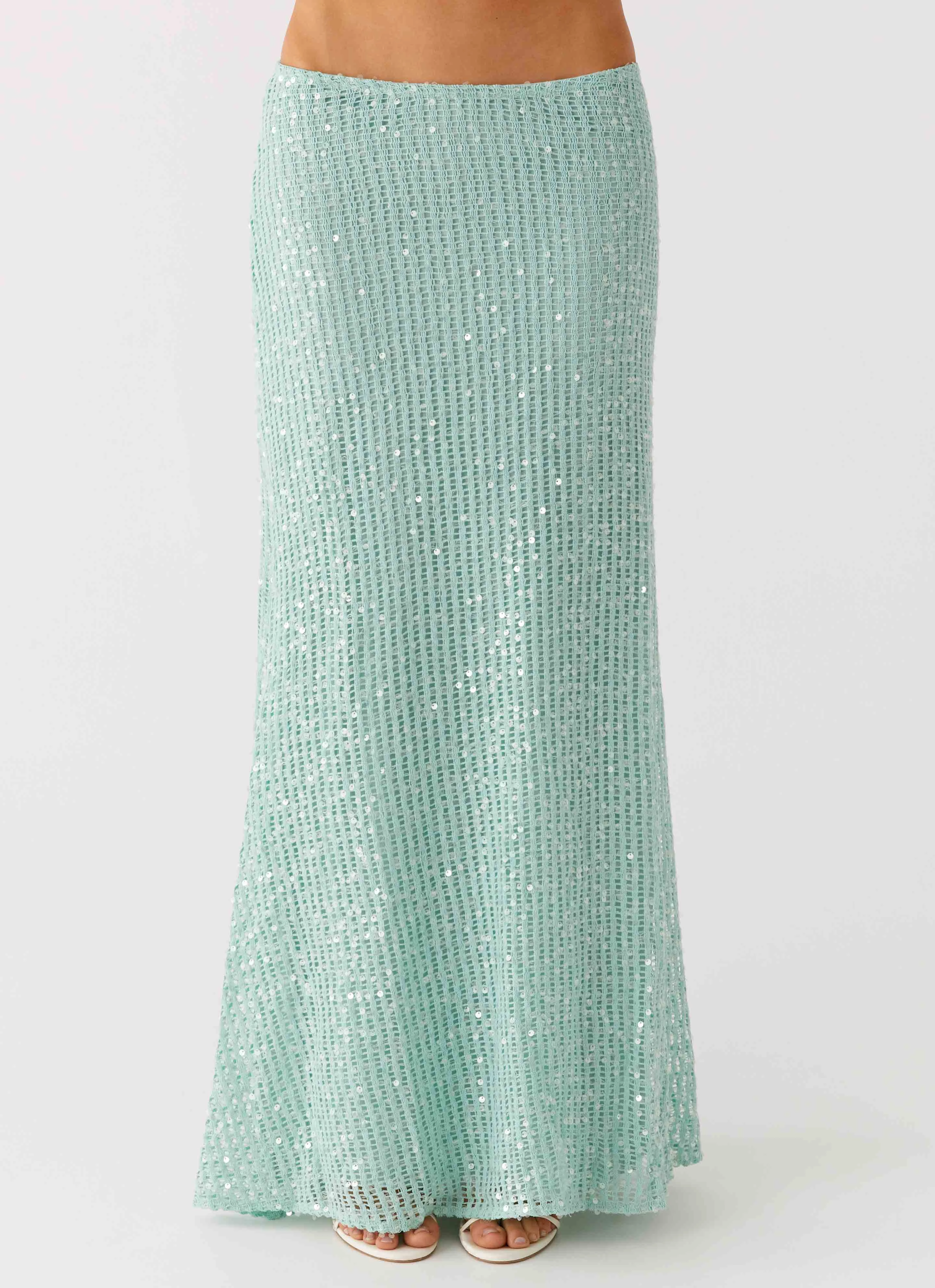 Seamless Waistband Amoura Sequin Low Rise Maxi Skirt - Mint Sage
