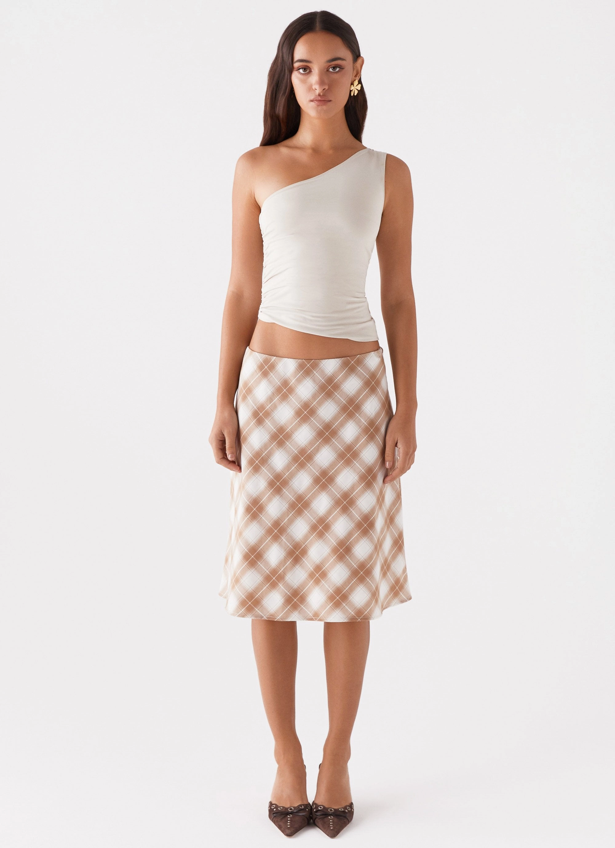 Anti Friction Lining Flexible Comfort Wear Andie Midi Skirt - Brown/White Plaid
